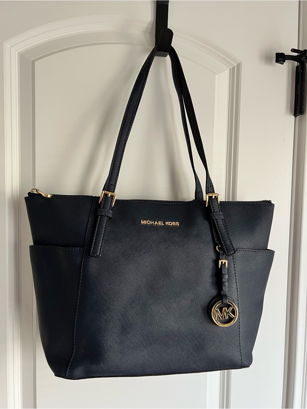 Michael Kors Navy Saffiano Leather Tote with Gold Accents